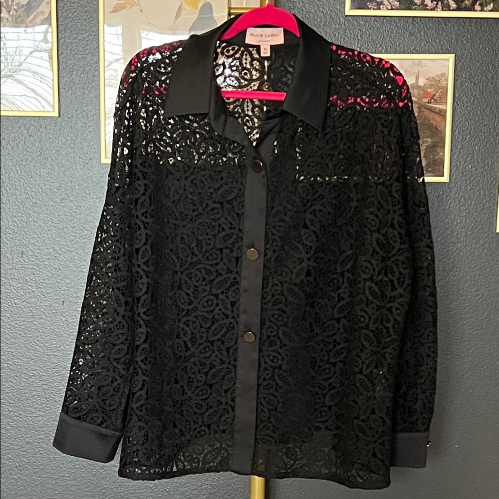 Elegant Sheer Black Lace and Satin Button Down Shirt
